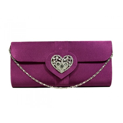 Evening Bag - 12 PCS - Satin w/ Rhinestone Heart Charm Accent - Purple - BG-92020PU